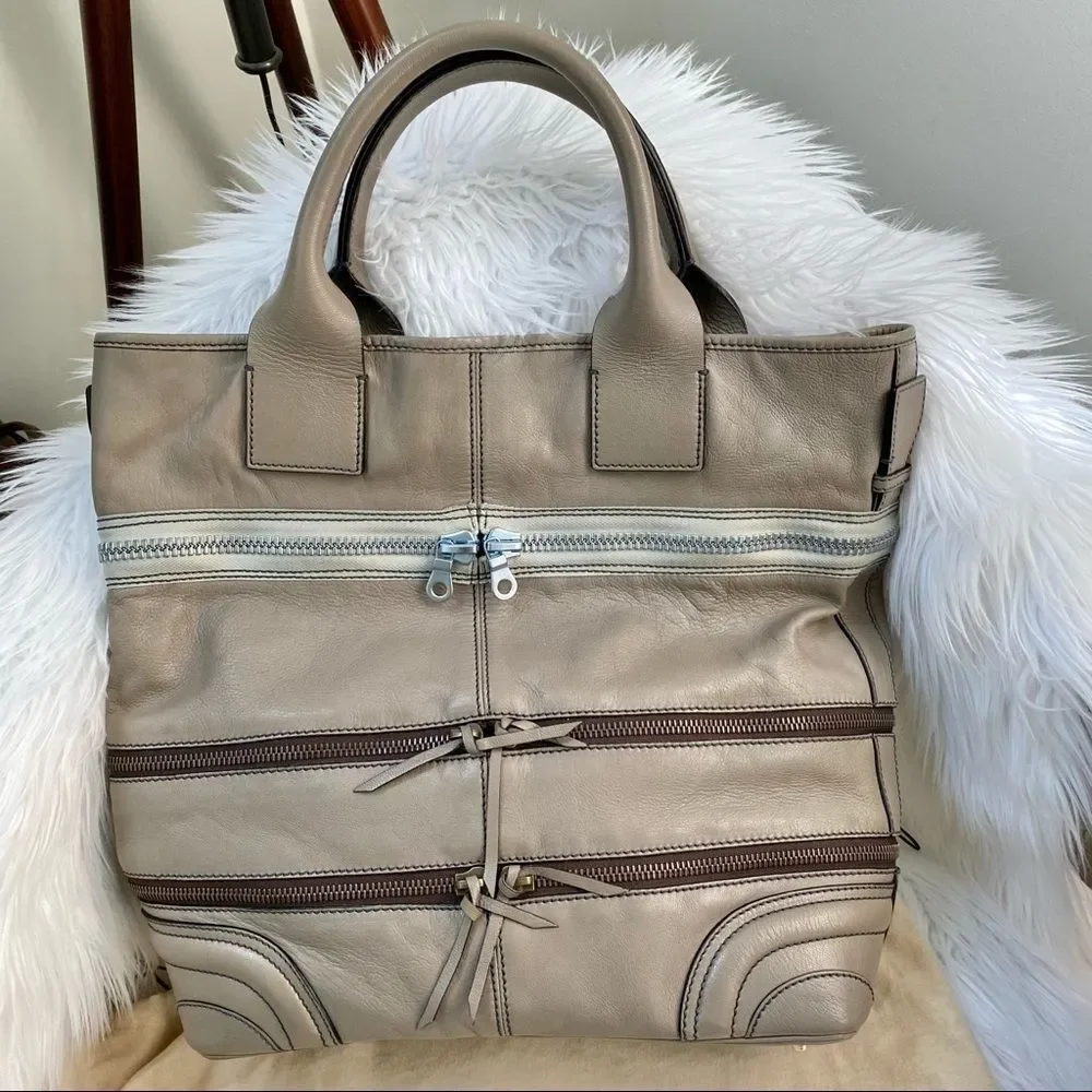 Chloe Taupe Gladys Leather Multi Zippers Tote Bag - Picture 4 of 11